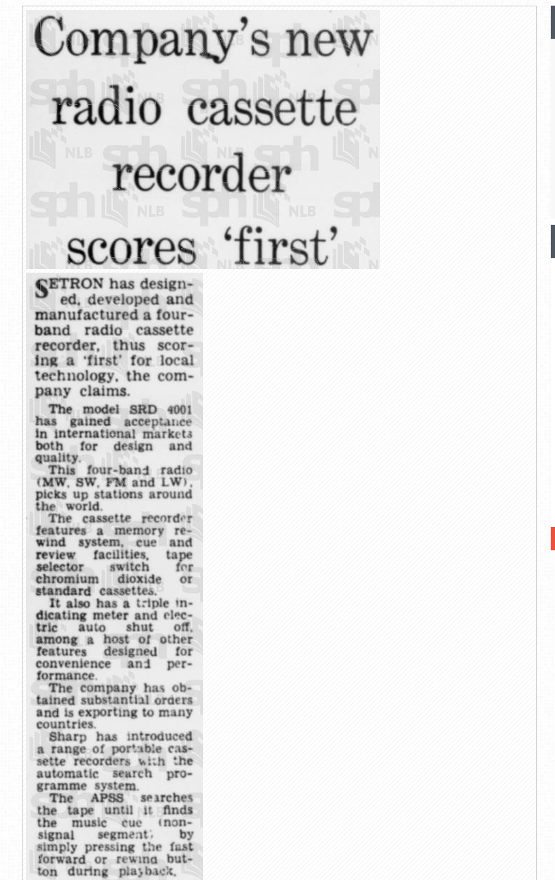 Company's new radio cassette recorder scores 'first' The Straits Times 1977 1.png