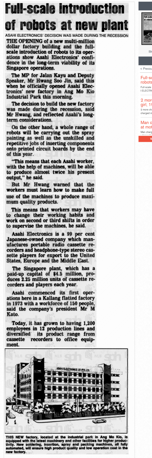 Full-scale introduction of robots at new plant Singapore Monitor 1984.png