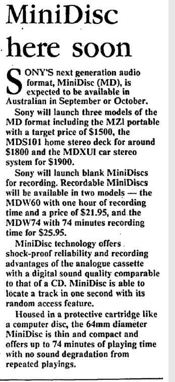 MiniDisc here soon - The Canberra Times 12 Jul 1993.png
