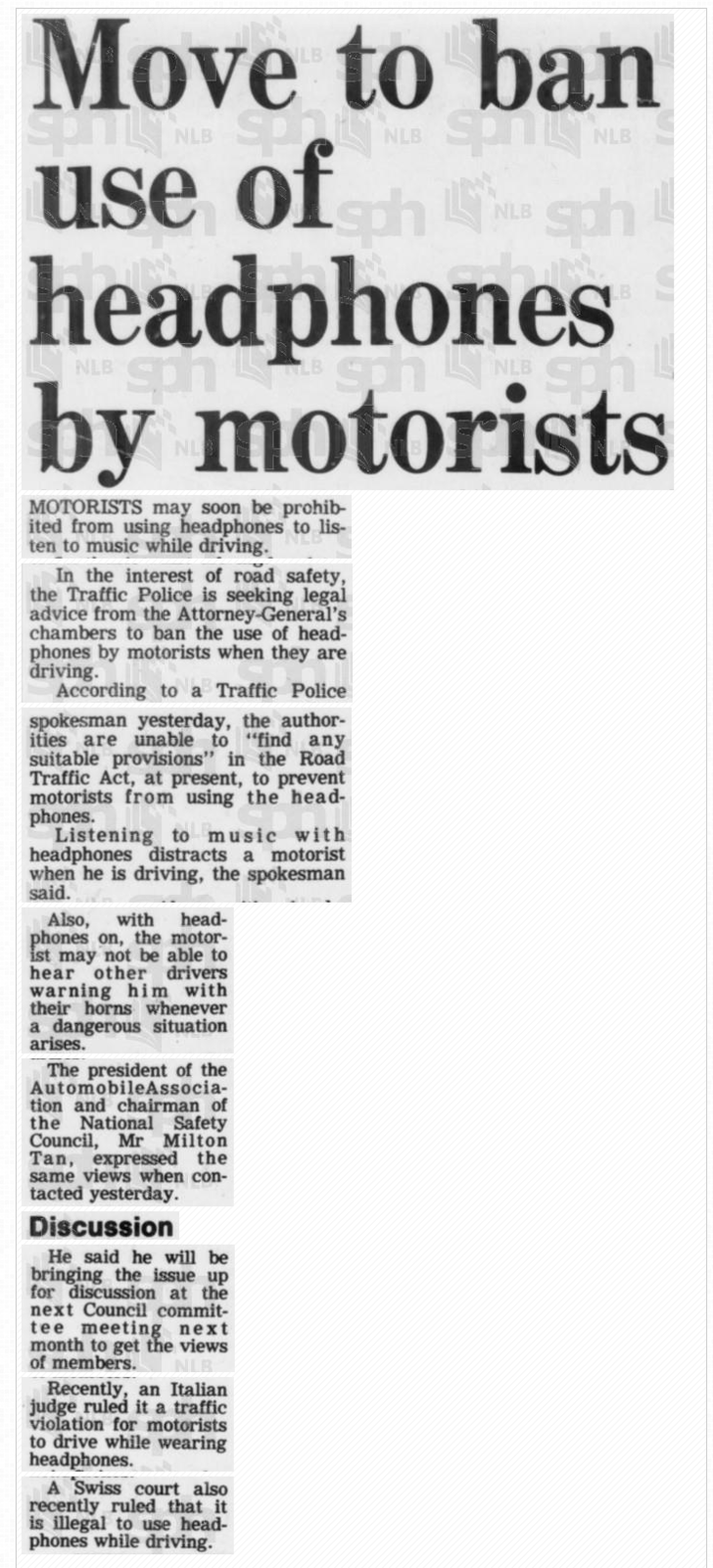 Move to ban use of headphones by motorists straitstimes 1981.png