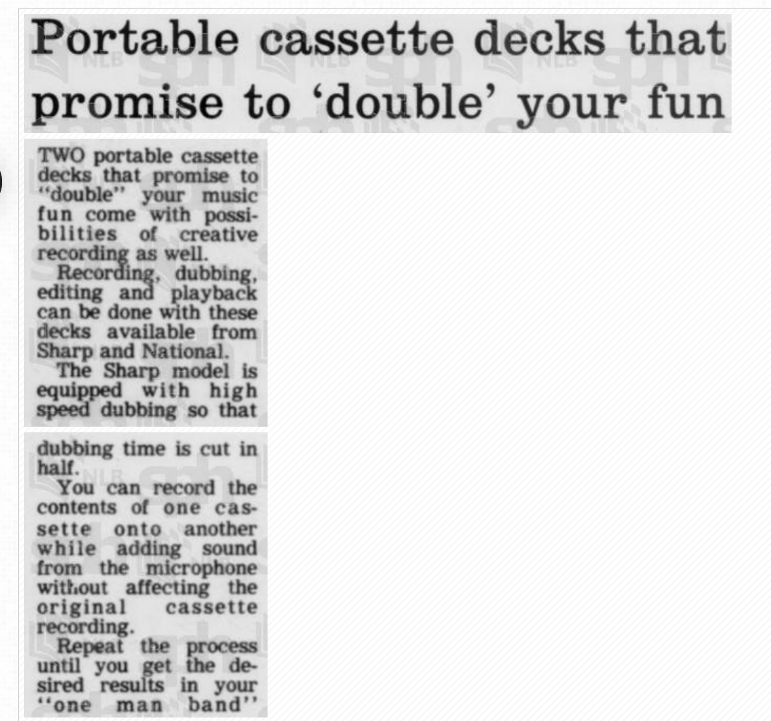 Portable cassette decks that promise to 'double' your fun The Straits Times 1982 1.png