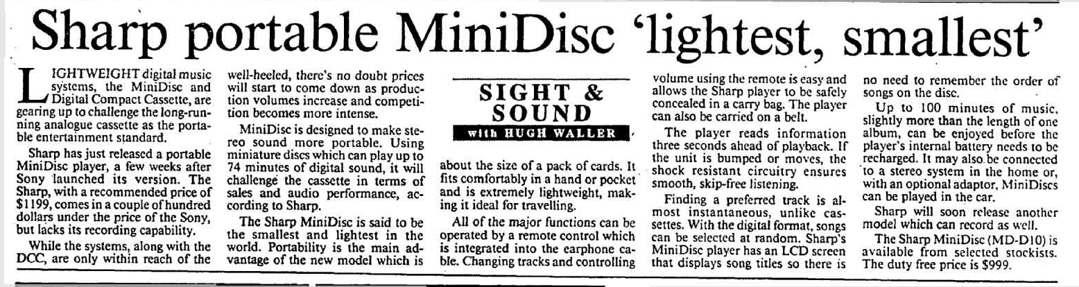 Sharp portable Mini Disc 'lightest, smallest' SIGHT SOUND - The Canberra Times 1993.png
