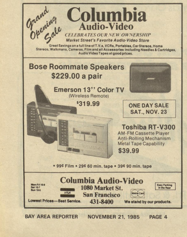 Toshiba RT-V300  Bay Area Reporter, Volume 15, Number 47, 21 November 1985.png
